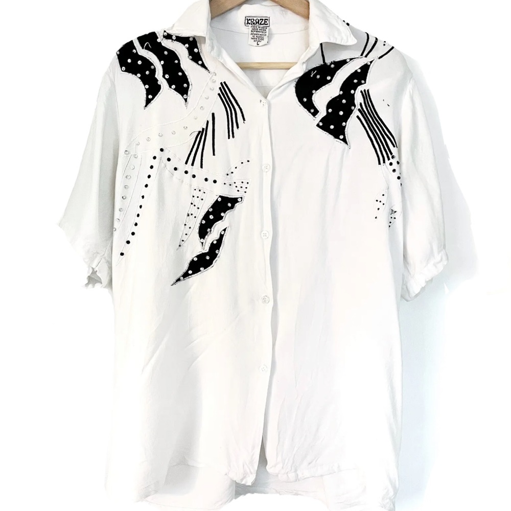 Vintage Kraze 1980s Button Up Blouse Shoulder Pads White Black Sequins Retro Lg